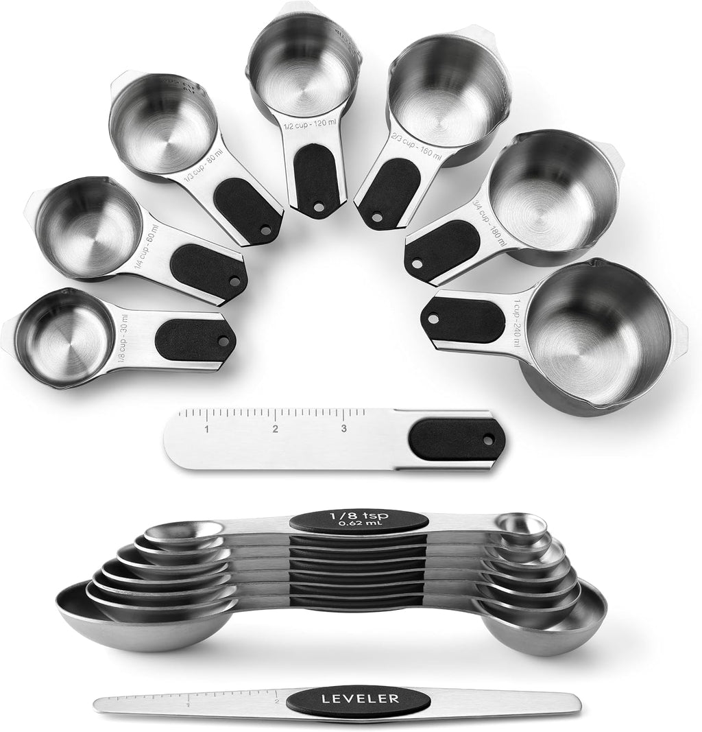Spring Chef Juego de 15 tazas y cucharas medidoras magnéticas con niveladores, negro