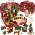 Juego de maletas de muebles de casa de muñecas de Navidad para niños, 2 muñecas flexibles/árbol de Navidad/chimenea/sofá/TV, accesorios de casa de muñecas para niñas a partir de 3 años