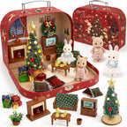 Juego de maletas de muebles de casa de muñecas de Navidad para niños, 2 muñecas flexibles/árbol de Navidad/chimenea/sofá/TV, accesorios de casa de muñecas para niñas a partir de 3 años