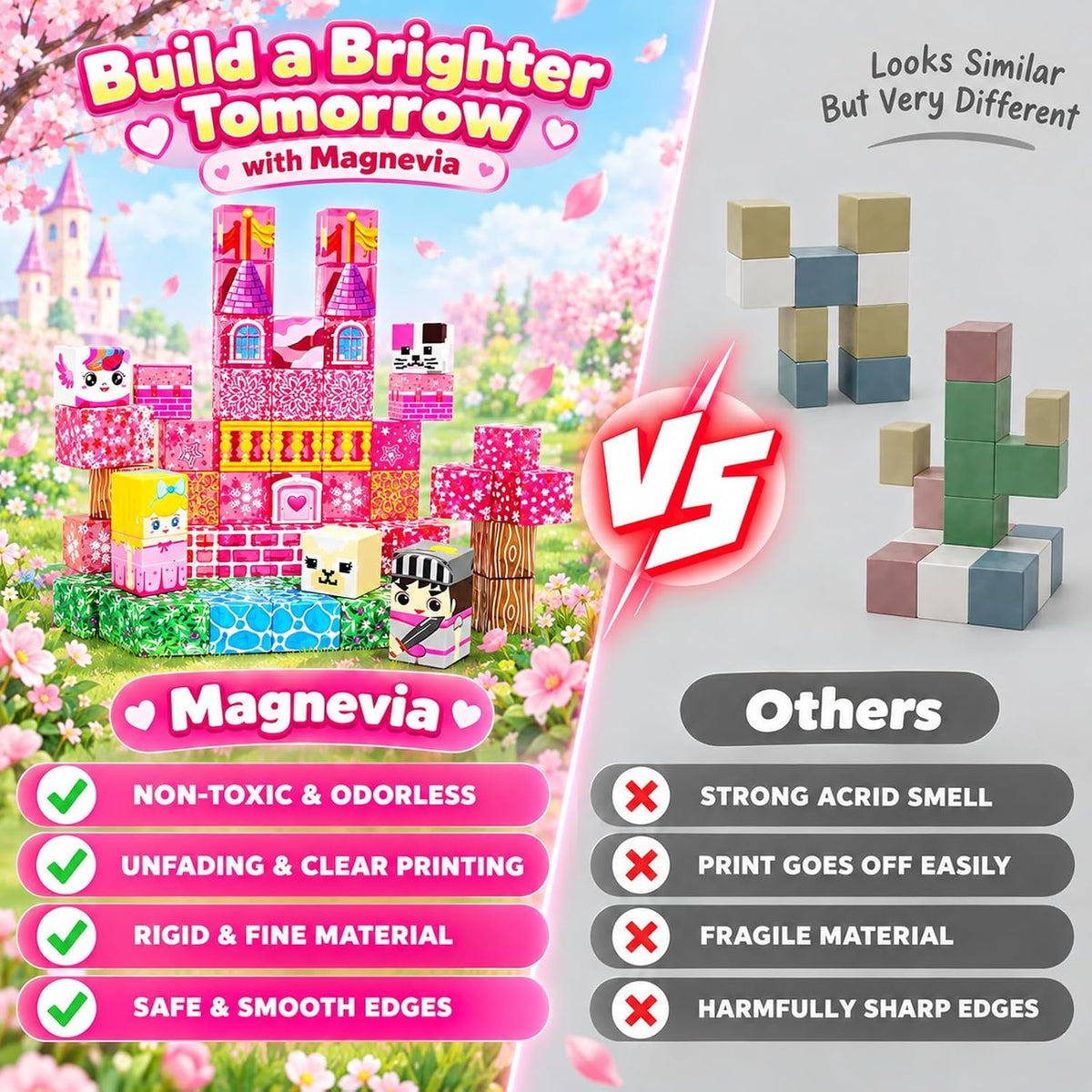 Bloques magnéticos – 100 cubos magnéticos de bloques de construcción, bloques magnéticos transparentes, castillo de princesa, juegos de construcción para niños, juguetes de imanes apilables STEM