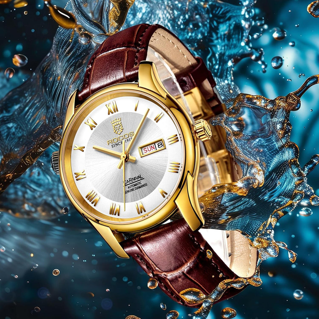 ROCOSJEWE Reloj de vestir masculino automático de cuerda automática - Caja de acero inoxidable dorado, números romanos, correa de cuero marrón, indicación de día y fecha, tapa esqueletada, reloj de pulsera de lujo para negocios, uso casual y diario