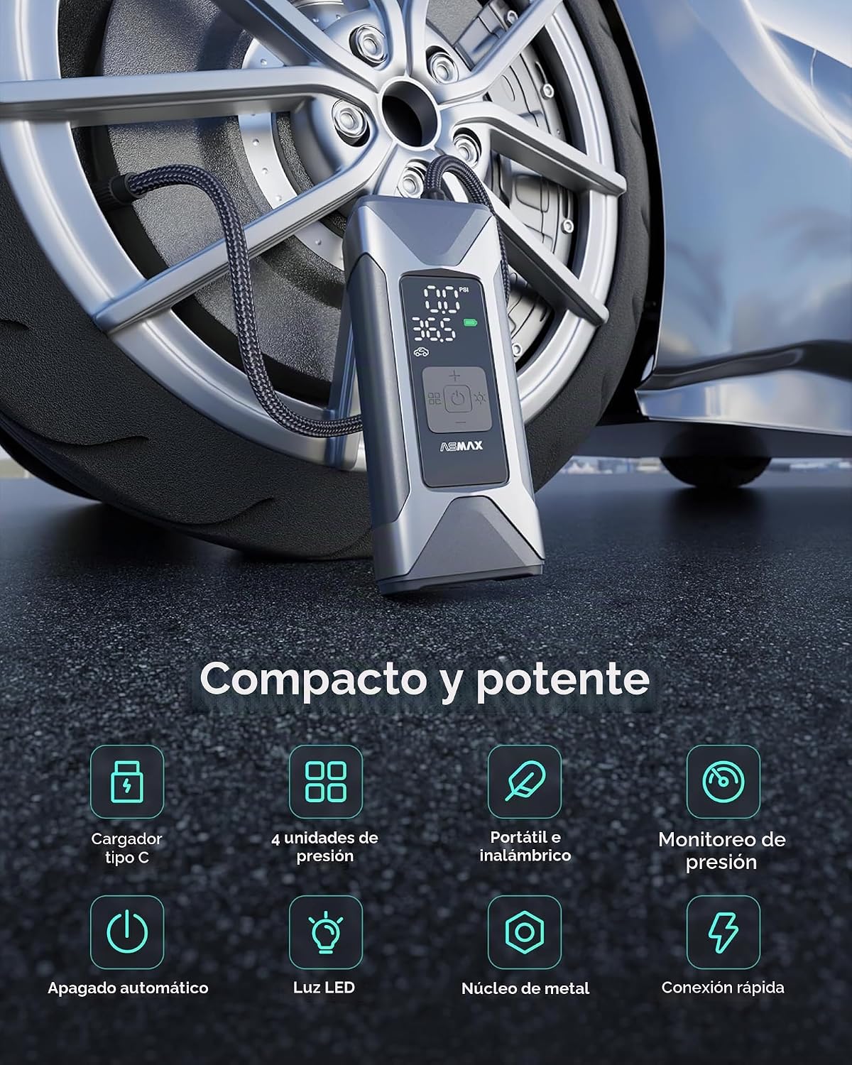 ASMAX Compresor de aire portátil del inflador de neumáticos T10 para los