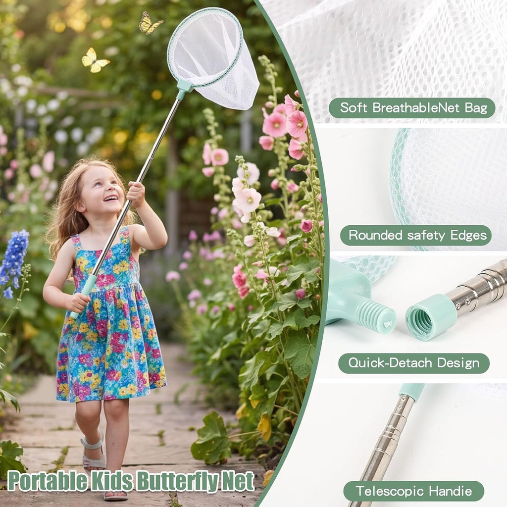 Kit de atrapador de insectos de madera para niños de más de 3 años, kit de captura de insectos y explorador al aire libre | jaula de insectos de madera, segura, red de mariposa extensible, bolsa