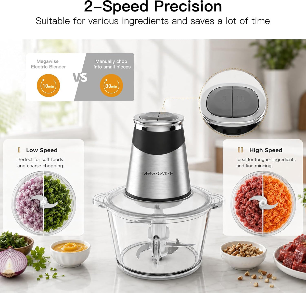 MEGAWISE Procesador de alimentos con potente motor de núcleo de cobre de 500 W, picadora eléctrica de alimentos con picadora de carne y picadora de verduras, 2 cuencos (cuencos de vidrio de 0.6 L y 3 L), cuchillas de doble capa para frutas/carne/nueces