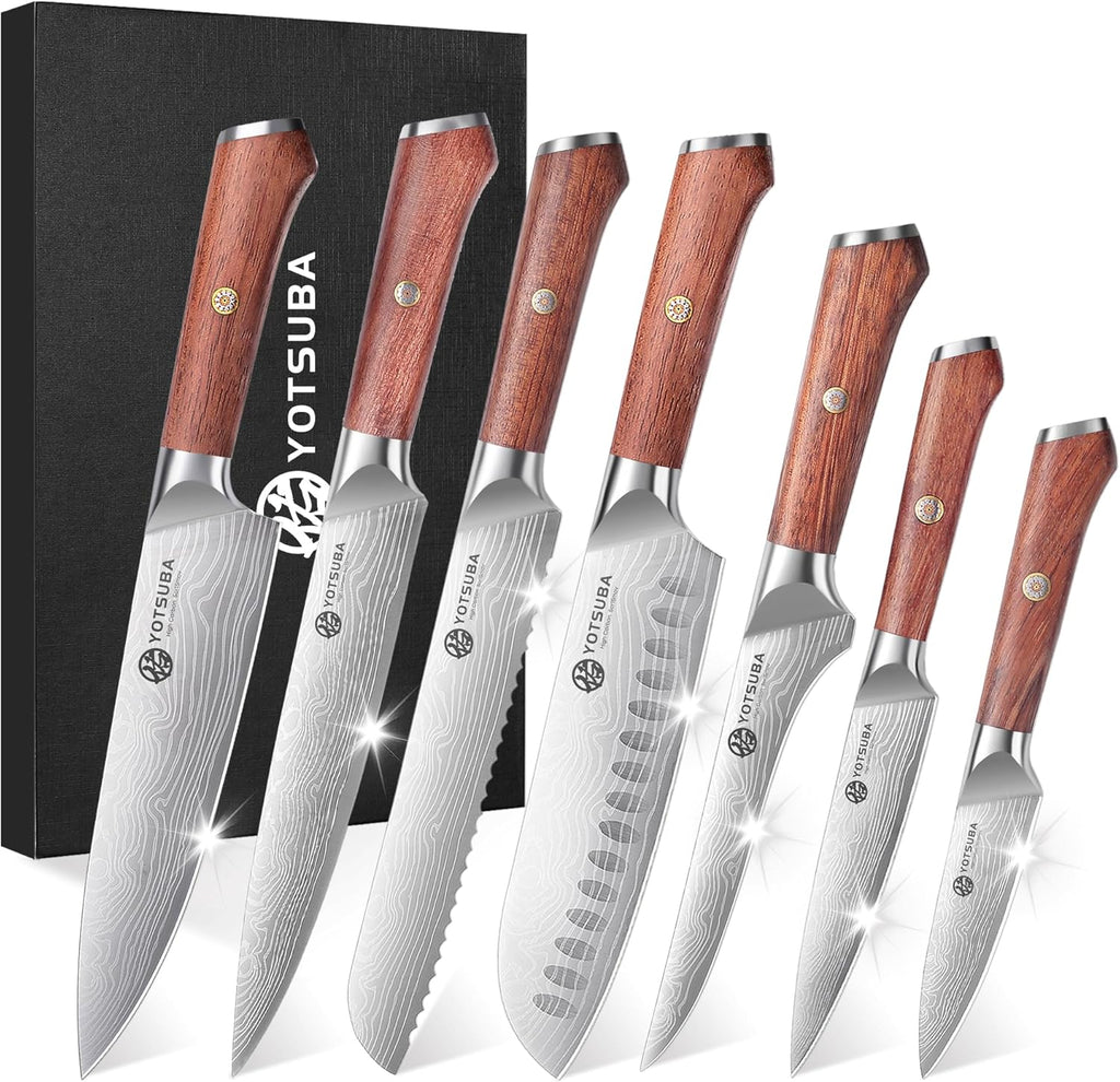 YOTSUBA Juego de 7 cuchillos de cocina japoneses con mango ergonómico de palisandro natural genuino y caja de regalo, cuchillos profesionales de acero inoxidable de alto carbono ultra afilados para