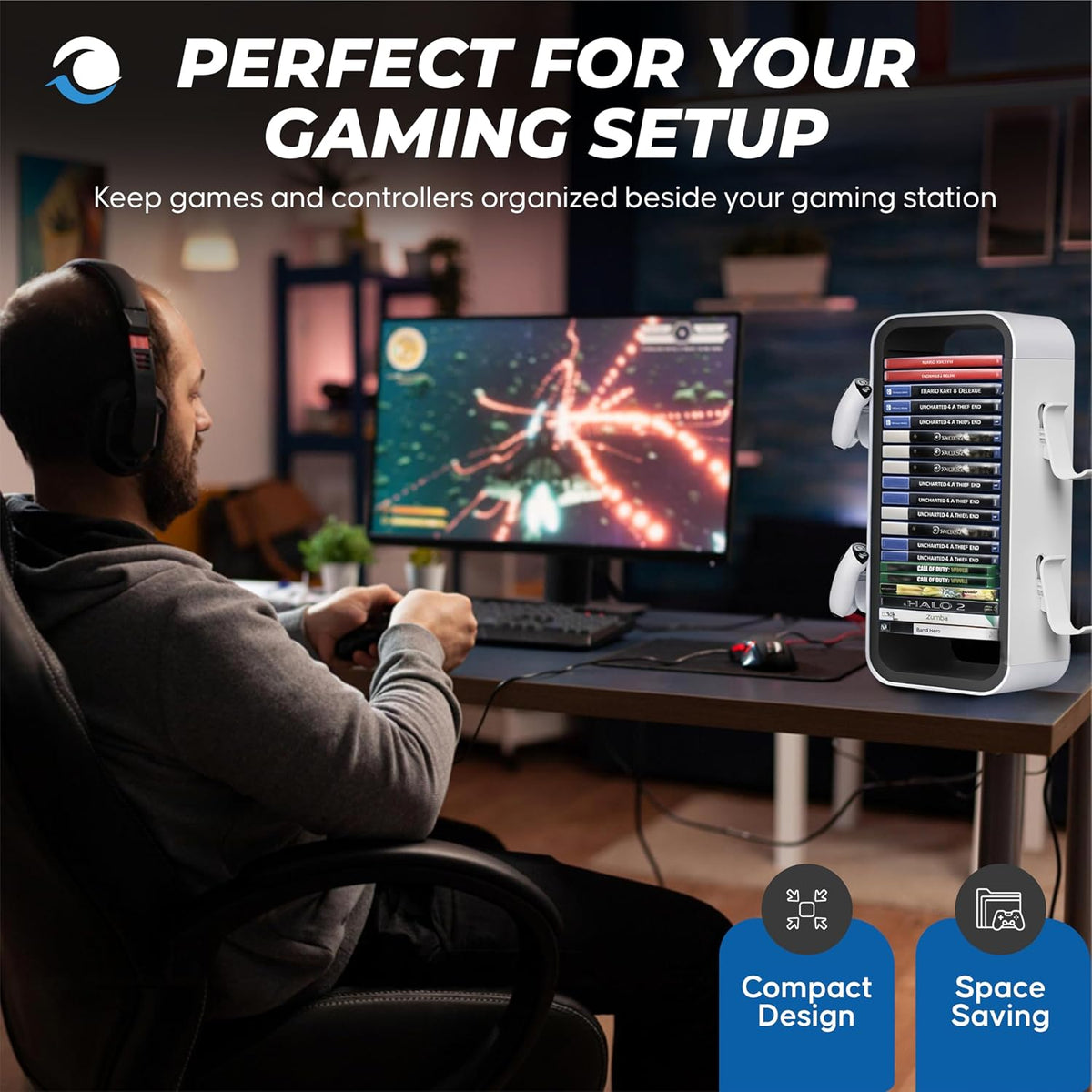 Universal Games Storage Tower Pro – para hasta 18 juegos – con soporte para mando hasta 4 mandos – Accesorios de juego para PS5, PS4, PS3, Xbox X/S/One, Switch 1 + 2, Switch OLED, BluRay,
