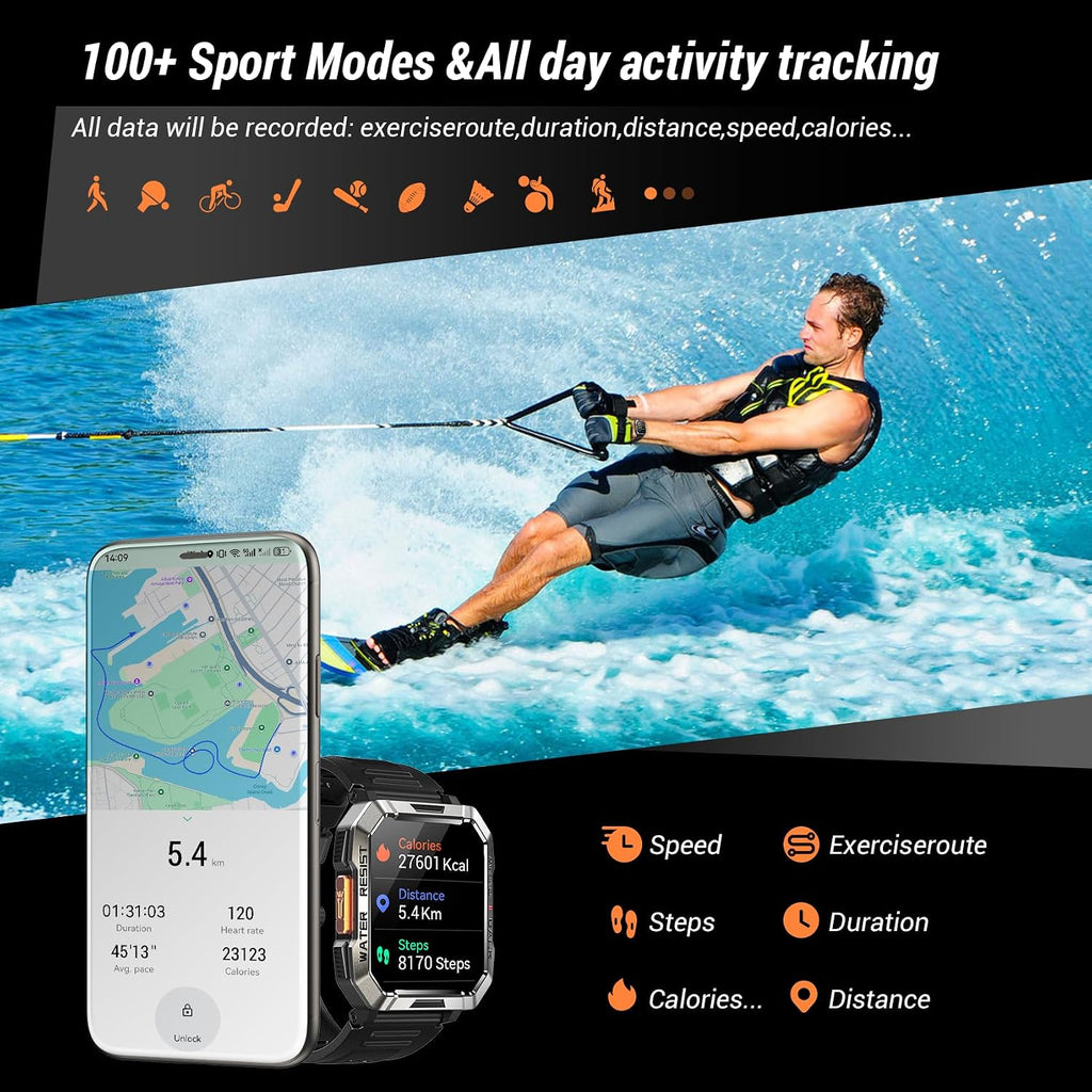 Reloj inteligente militar para hombre (respuesta/hacer llamadas), reloj inteligente de 2.01 pulgadas para Android y iPhone, rastreador de actividad física con linterna/brújula/batería de 100 días/frecuencia cardíaca/sueño/más de 100 modos deportivos (2