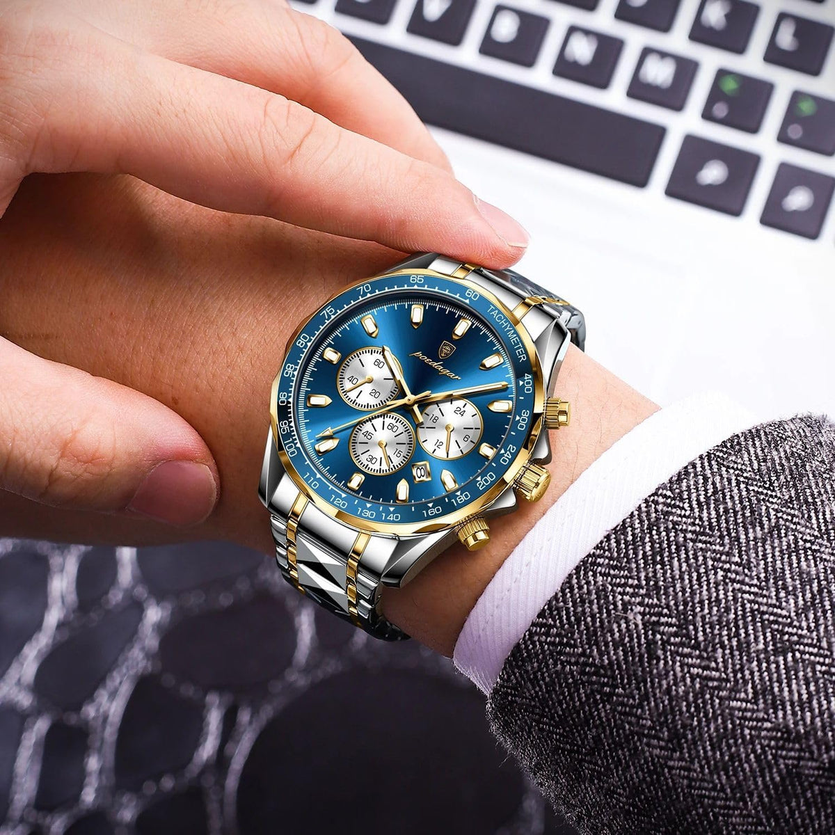 Poedagar Relojes de moda para hombre de lujo, impermeables, luminosos, con fecha y cronógrafo, de acero inoxidable, deportivos, de cuarzo, para hombre