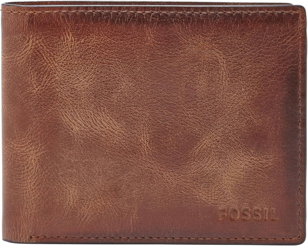 Fossil Derrick - Cartera de piel con bloqueo RFID, plegable con identificación abatible, Marrón