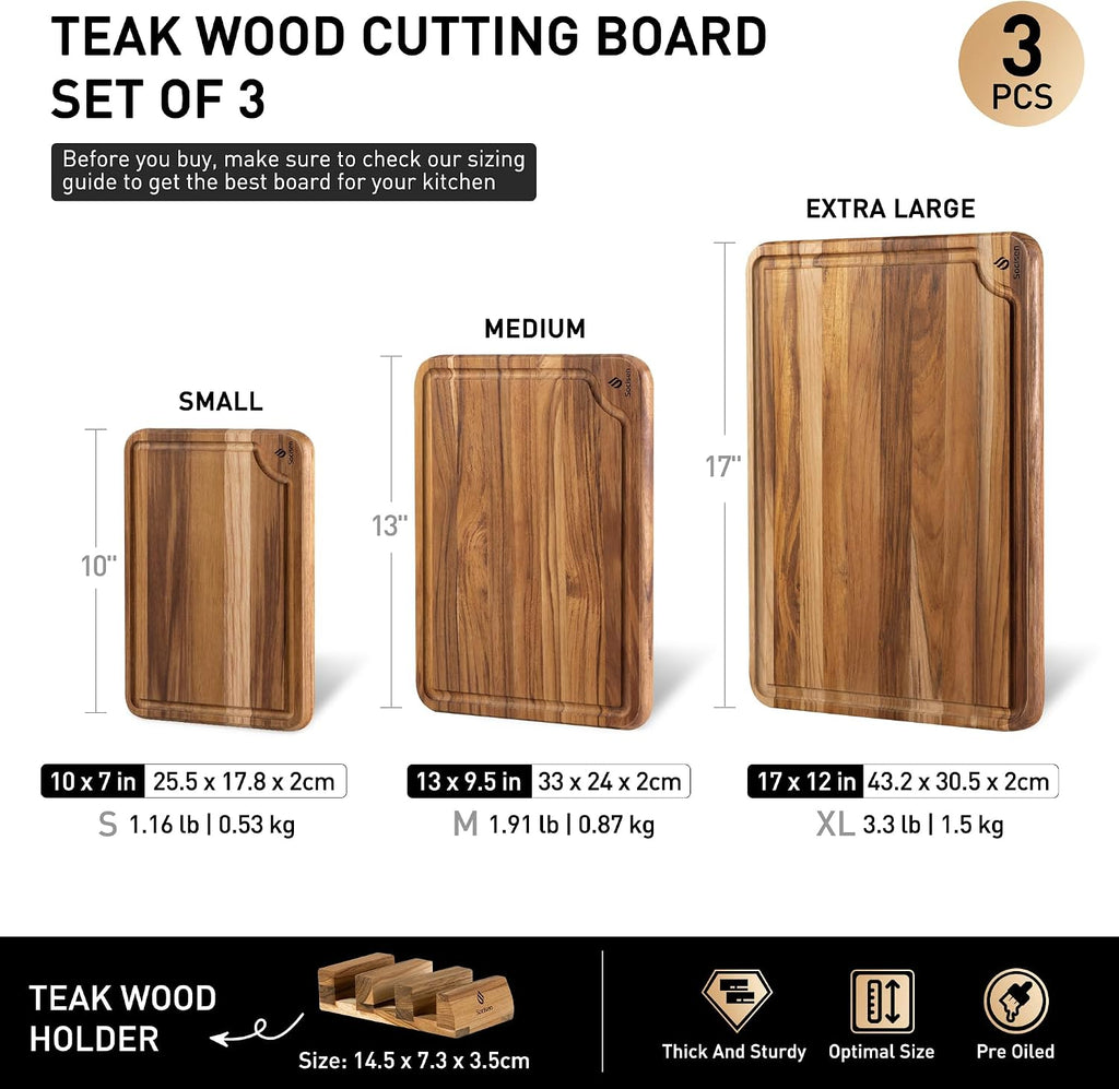Juego de 3 tablas de cortar de teca para cocina, tablas de madera no tóxicas