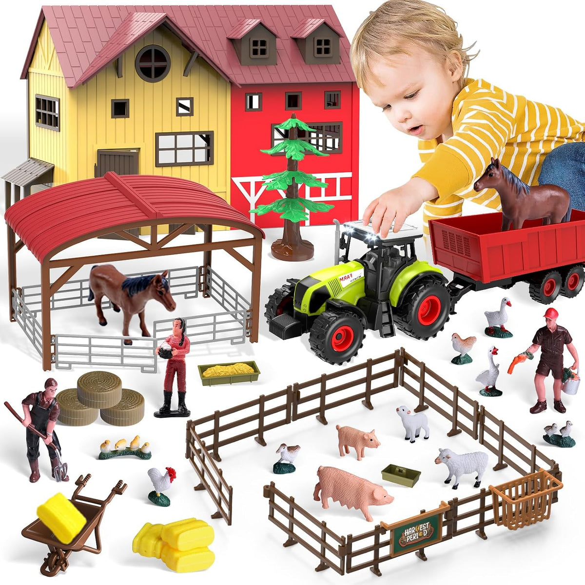 Juguetes de animales de granja para niños, remolque de tractor con luces y sonido, juego de granero de granja, establo de caballos, accesorios de granja, cerdo, oveja, pato ganso, regalos de