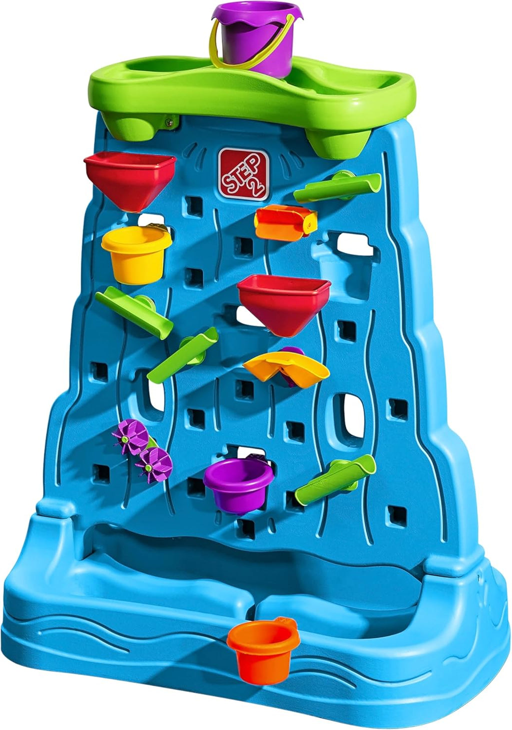Step2 Pared de descubrimiento de cascada, mesa sensorial de doble cara para actividades de agua y arena, juguetes de verano al aire libre, accesorios de juguete de 13 piezas, para niños pequeños de
