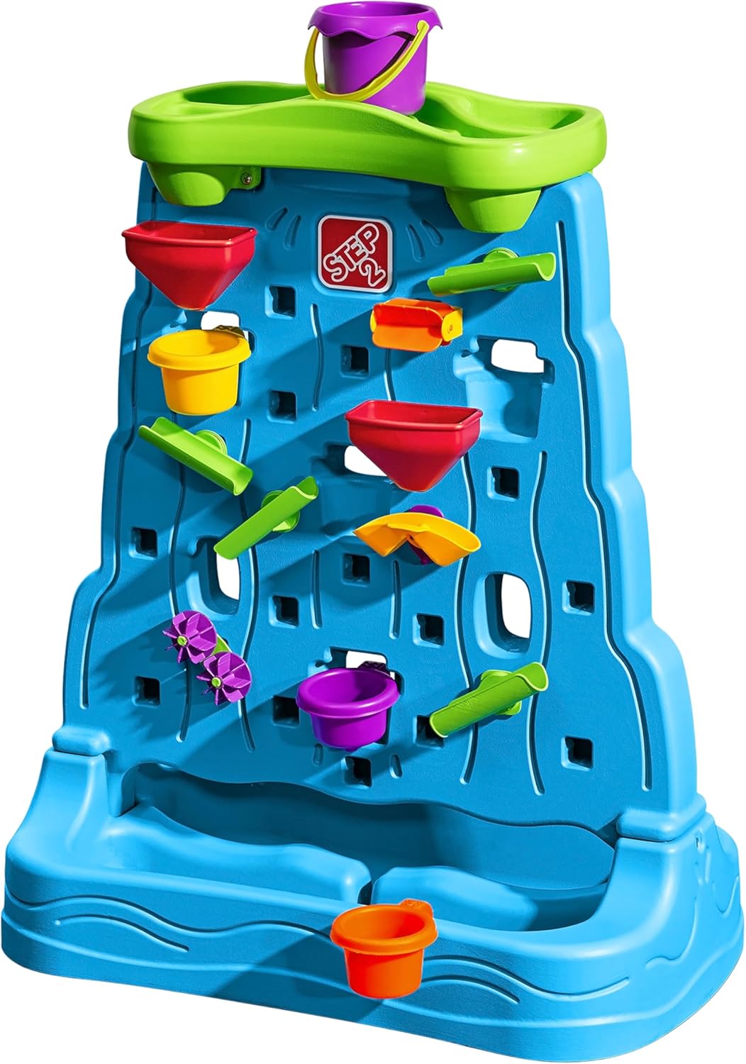 Step2 Pared de descubrimiento de cascada, mesa sensorial de doble cara para actividades de agua y arena, juguetes de verano al aire libre, accesorios de juguete de 13 piezas, para niños pequeños de