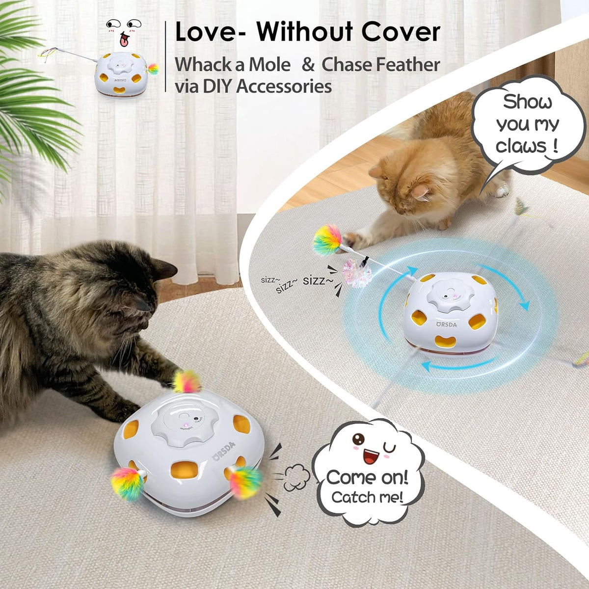 ORSDA Juguetes interactivos 4 en 1 para gatos - Juguetes automáticos para gatos de interior y gatitos, ratones de 8 agujeros Whack-A-Mole, juego de escondite con movimiento inteligente con 5 piezas de