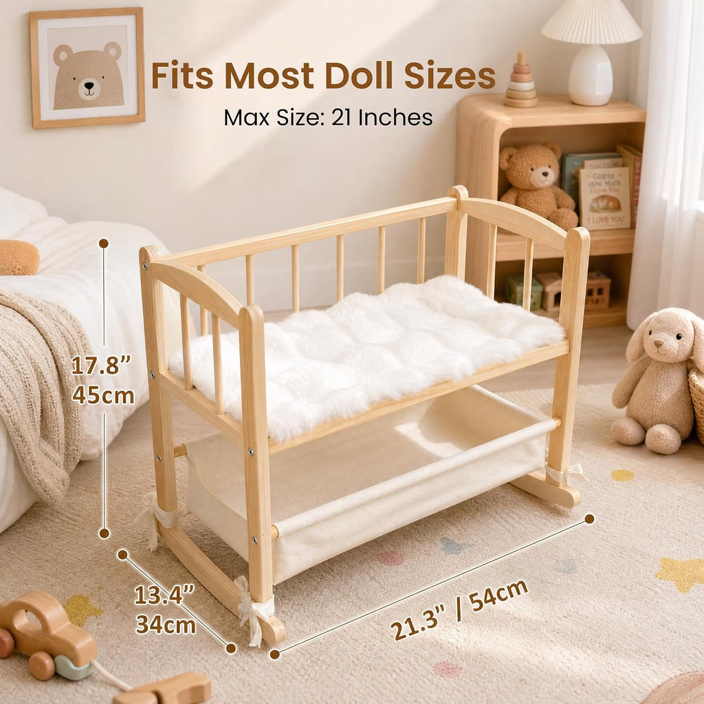Cuna de madera 2 en 1 para muñeca con cesta de almacenamiento, se