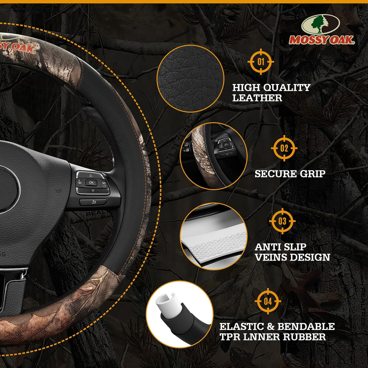 Mossy Oak Funda de volante de camuflaje completa, hecha de cuero de primera calidad, ajuste universal para 14 1/2 a 15 pulgadas, producto oficial con licencia, color negro
