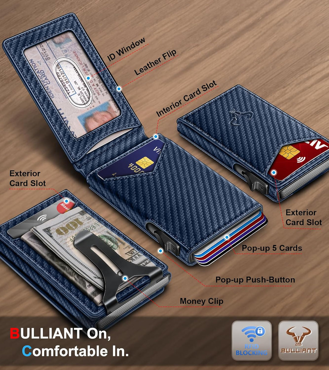 Cartera Bulliant para hombre, cartera con clip de dinero delgada pa...