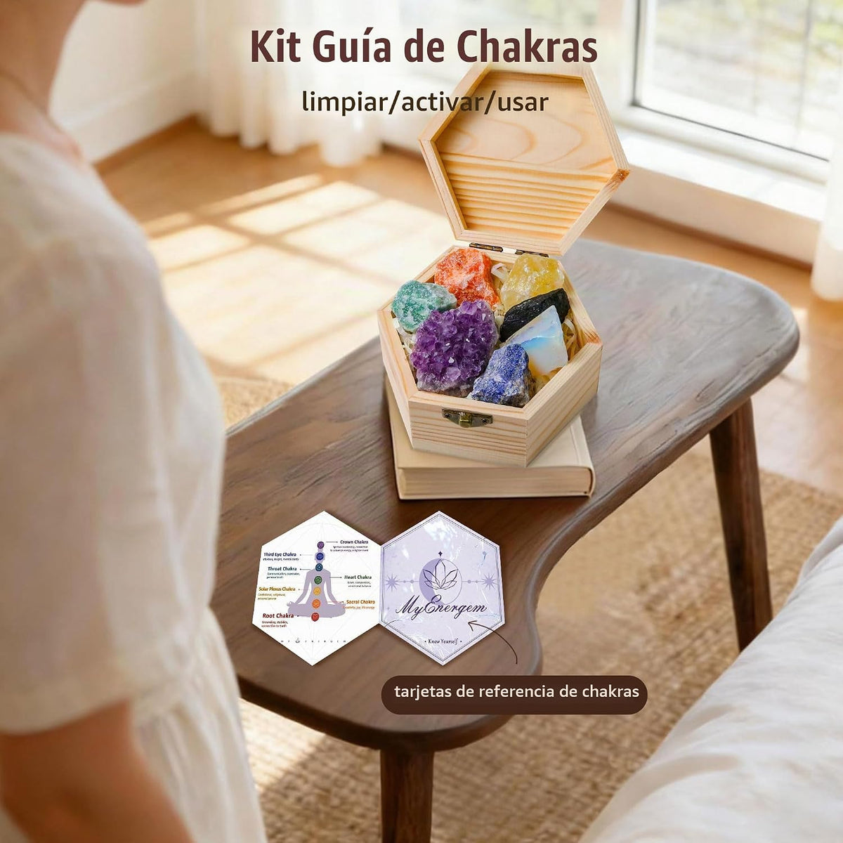 Juego de 7 cristales curativos de chakras con tarjetas guía