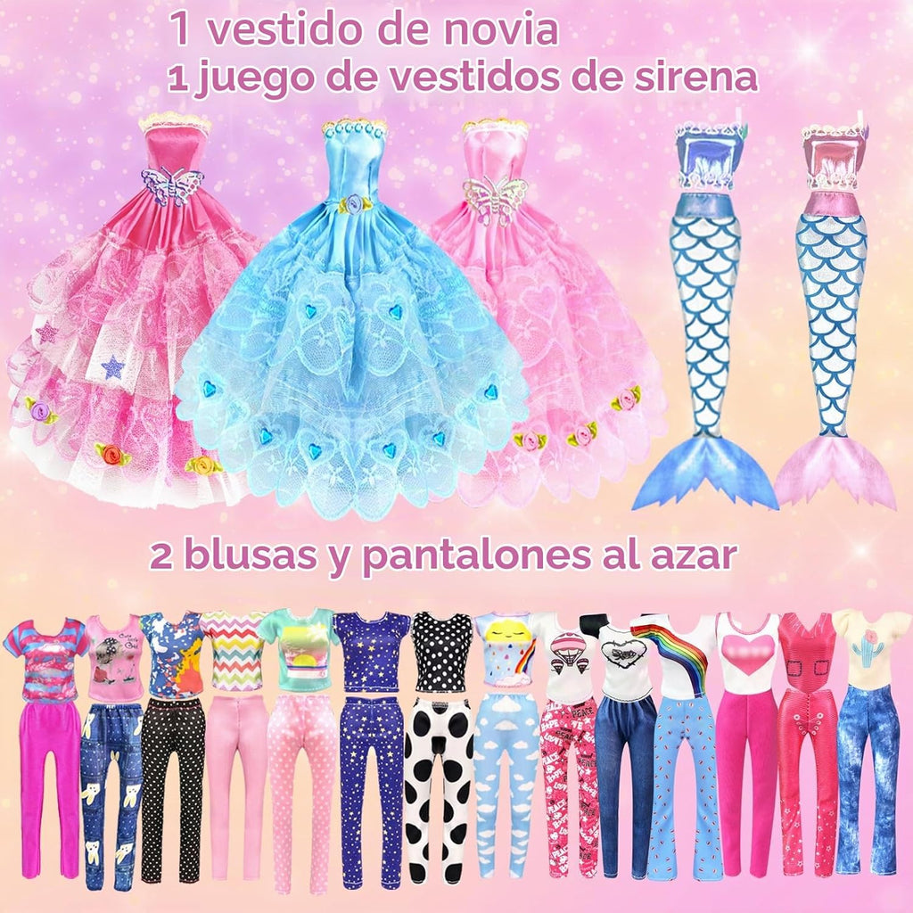 66 piezas de ropa y accesorios para muñecas con armario de muñecas para muñecas de 11.5 pulgadas, conjunto de vestir con 1 muñeca, vestidos de moda, conjuntos, tops y pantalones, zapatero, bolsas
