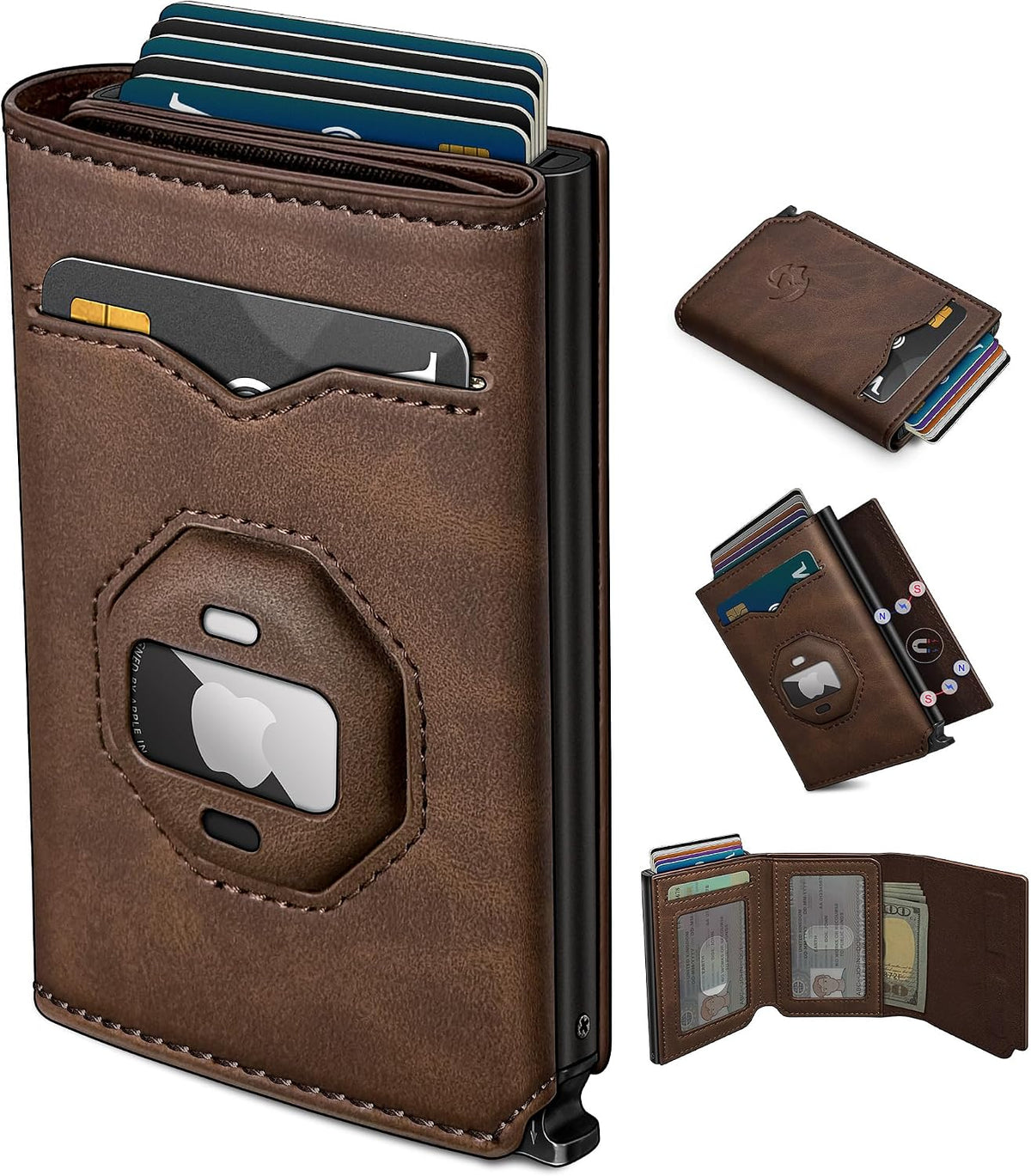 Billetera para Airtag para hombre, con bolsillo para efectivo, 2 ventanas de identificación, más de 10 tarjetas, funda de metal inteligente, delgada, con cierre magnético, bloqueo RFID
