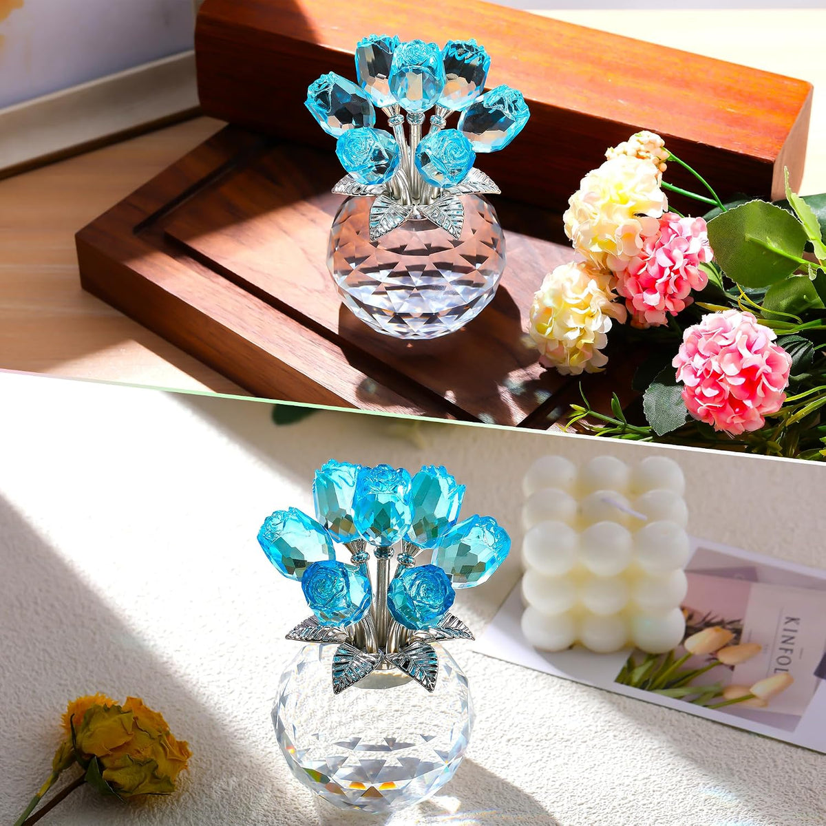 Figura de Flor de Cristal Color Azul Cristal con Rosa, colección