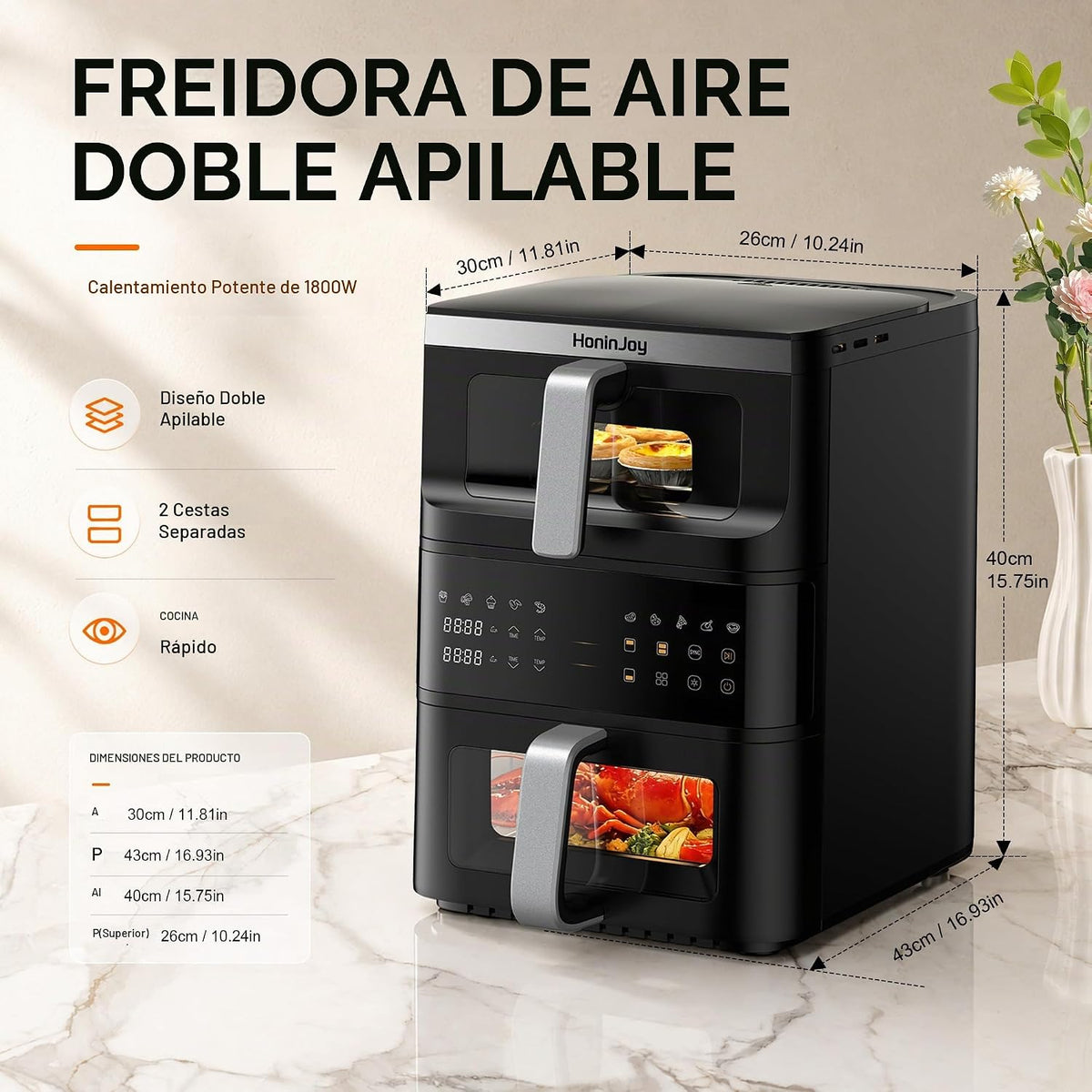 Freidora de aire vertical de doble cesta de 13 cuartos con acabado