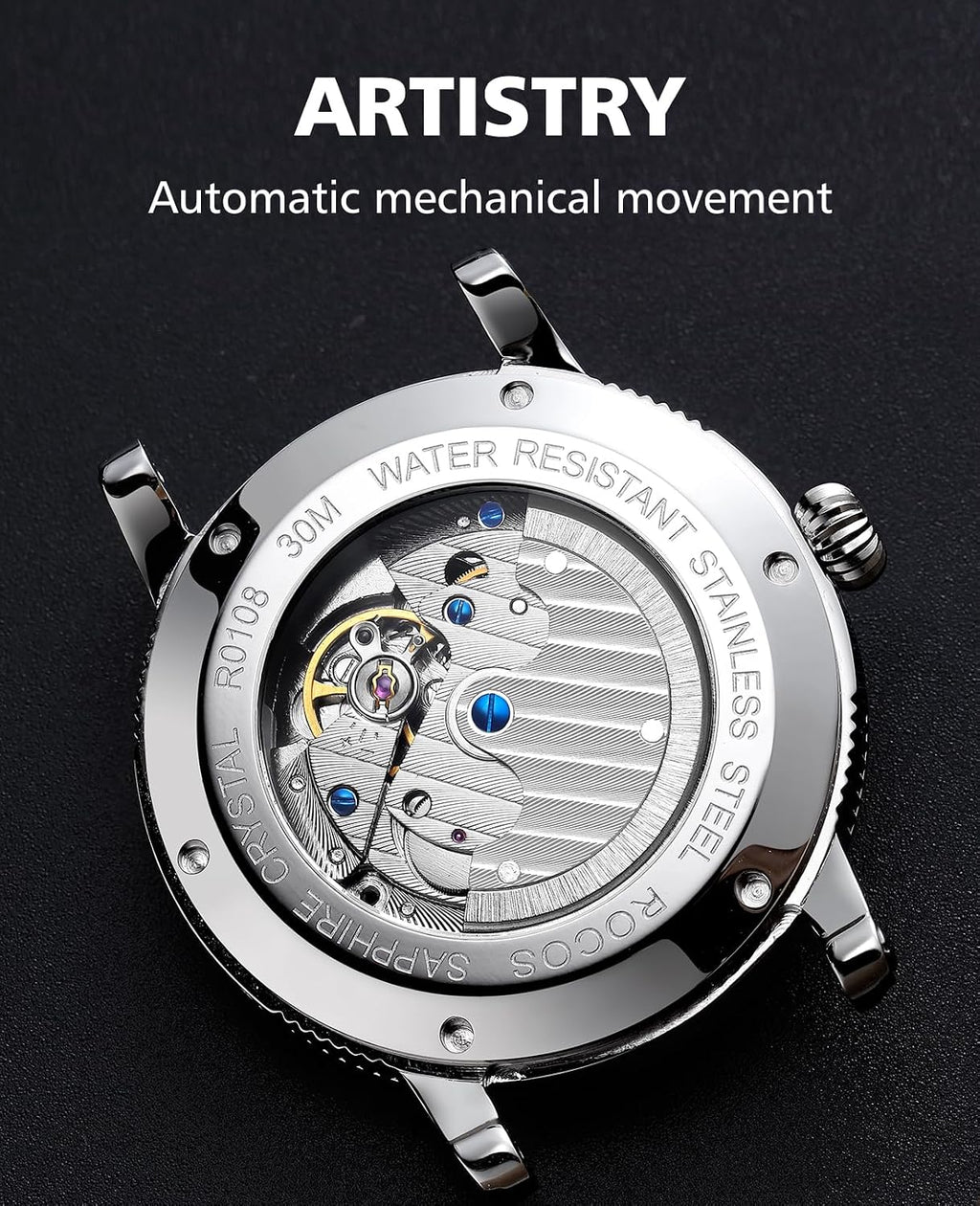 ROCOSJEWE Reloj mecánico automático de lujo para hombre, correa de cuero luminosa de cielo nocturno, impermeable, visualización de fecha, relojes de negocios de moda para hombres RW0108
