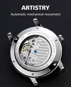 ROCOSJEWE Reloj mecánico automático de lujo para hombre, correa de cuero luminosa de cielo nocturno, impermeable, visualización de fecha, relojes de negocios de moda para hombres RW0108