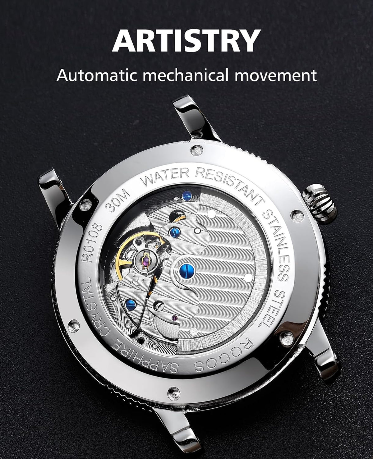 ROCOSJEWE Reloj mecánico automático de lujo para hombre, correa de cuero luminosa de cielo nocturno, impermeable, visualización de fecha, relojes de negocios de moda para hombres RW0108