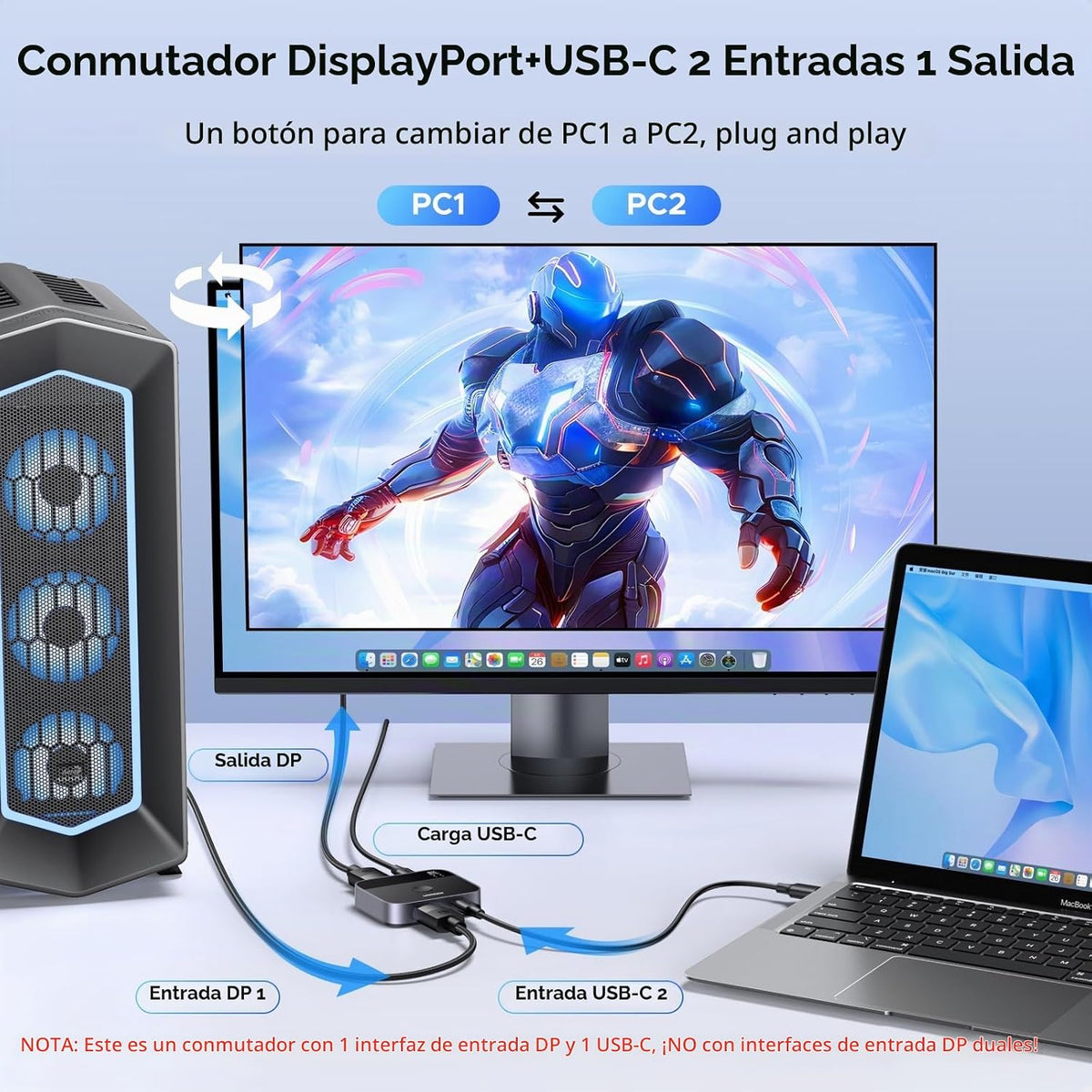 UGREEN 8K @60Hz DisplayPort+USB-C interruptor Entrada DP 1.4 Salida 2 en 1