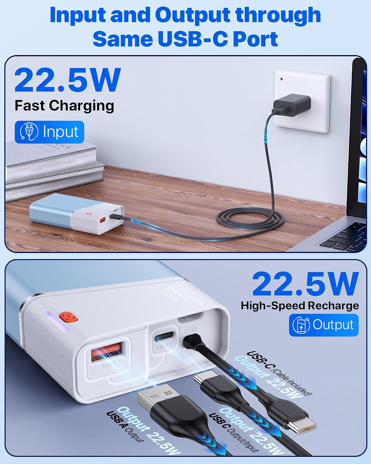 Cargador portátil de 20000 mAh, 22.5 W PD 3.0+QC 4.0, banco de ener...
