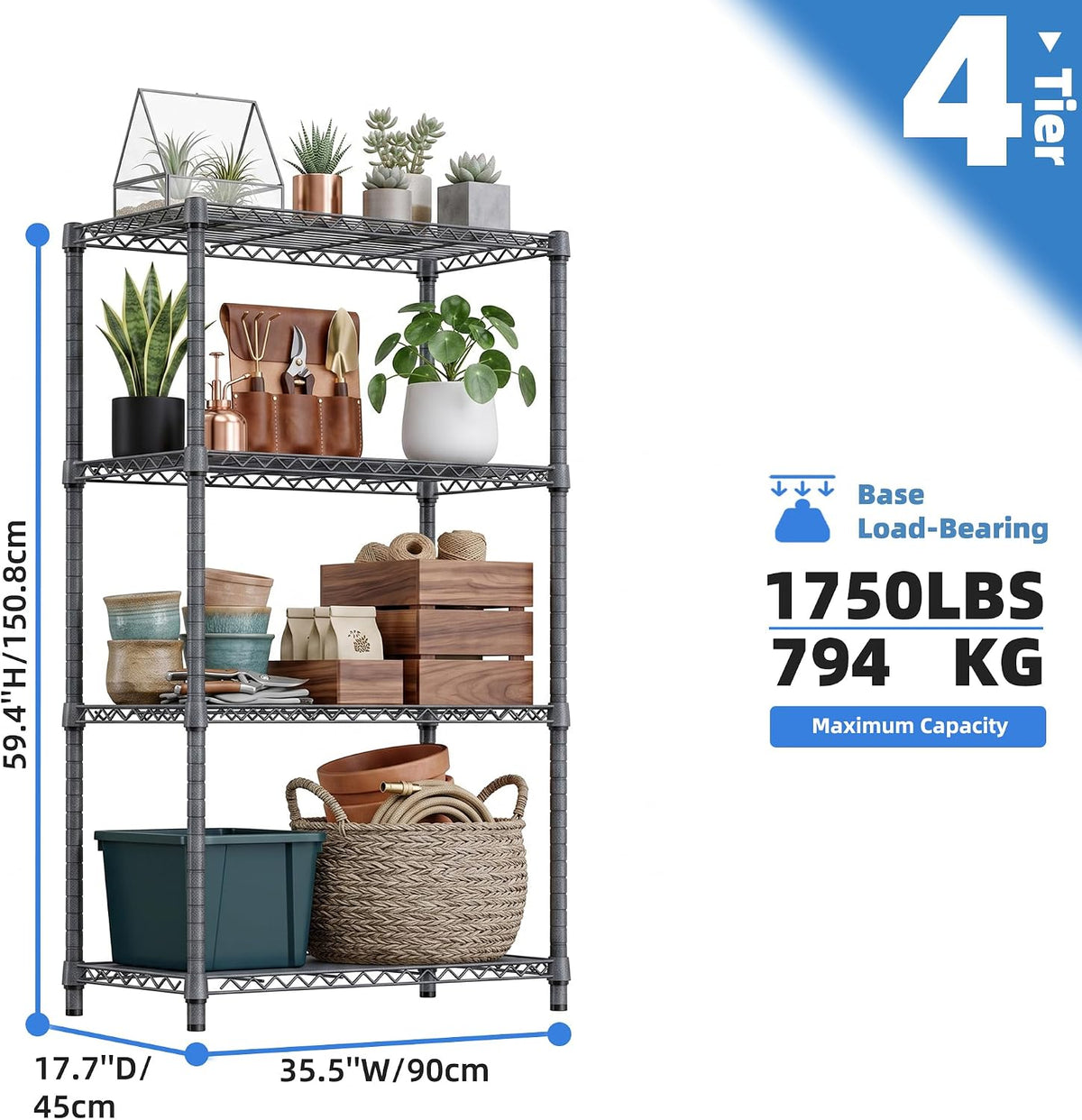 M MZG Estantes de almacenamiento de 4 niveles con carga de 2640 libras, estantes de metal de alambre de metal para almacenamiento, estantes ajustables de garaje para despensa, cocina, garaje, cromado