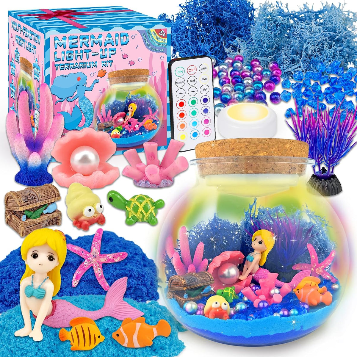 7july Terrario de sirena Kit de manualidades para niños - Luz nocturna LED y control remoto, regalo de cumpleaños de sirena para niñas de 5 6 7 8 9 10 11 12 años