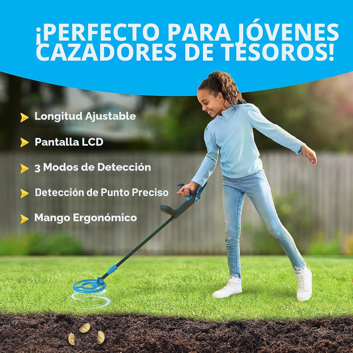 NATIONAL GEOGRAPHIC - Detector de metales para niños, bobina detector de metales impermeable de 7.4 pulgadas, detector de oro ligero con función de localización precisa y pantalla LCD, detector de