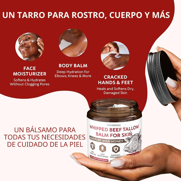 RICHGRAND Sebo de res para la piel - Bálsamo de sebo batido y miel...