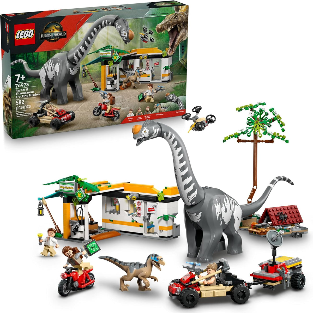 LEGO Jurassic World Raptor & Titanosaurus Tracking Mission - Juguete de construcción y aprendizaje para juego de simulación - Figuras de acción de dinosaurio para niños y niñas, a partir de 7 años - Idea de regalo para cumpleaños -76973