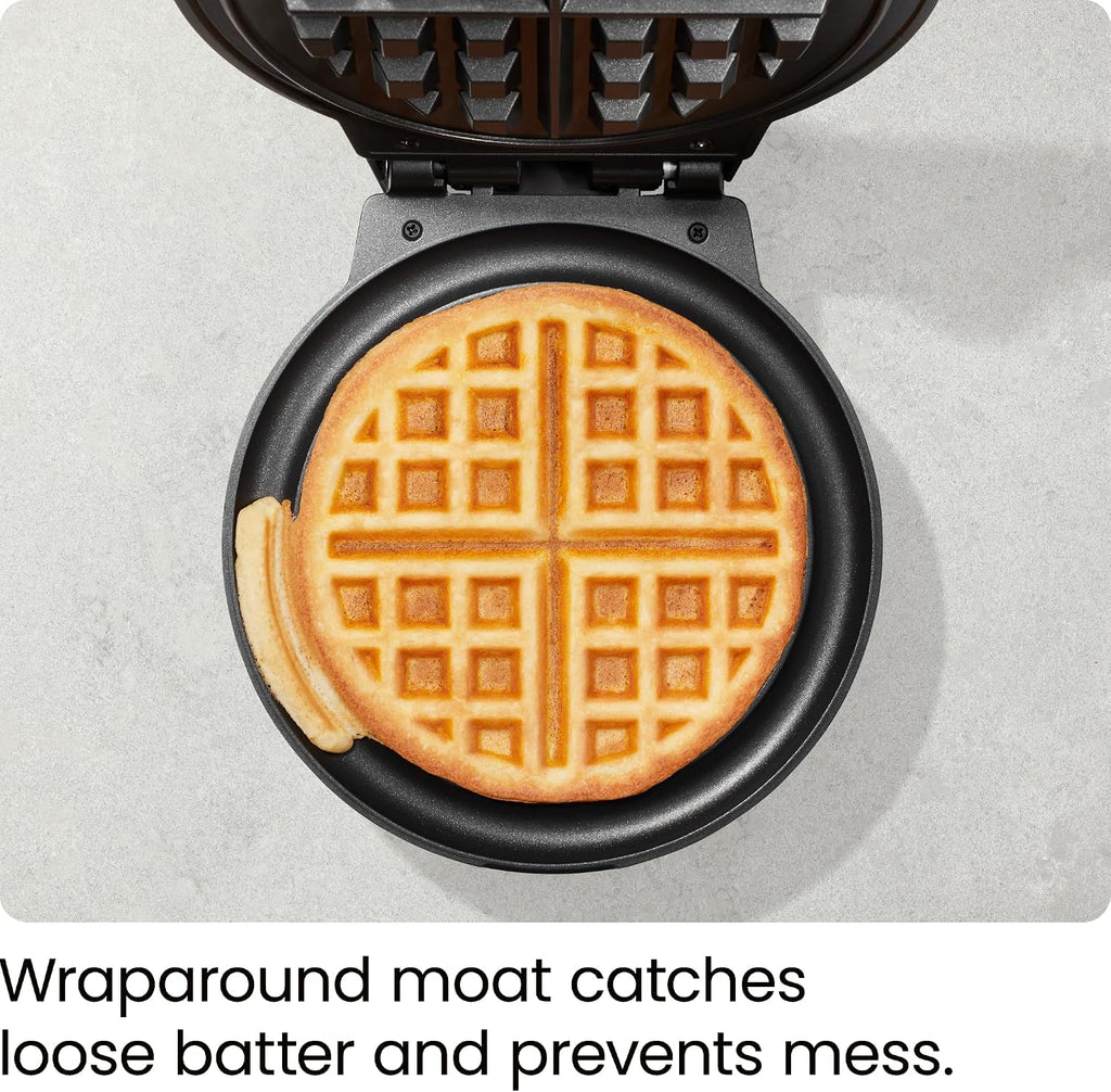 Chefman - Máquina para hacer waffles belgas antidesbordamiento con selector de tono, control de temperatura, foso sin ensuciar, plancha redonda de hierro con placas antiadherentes y mango de tacto