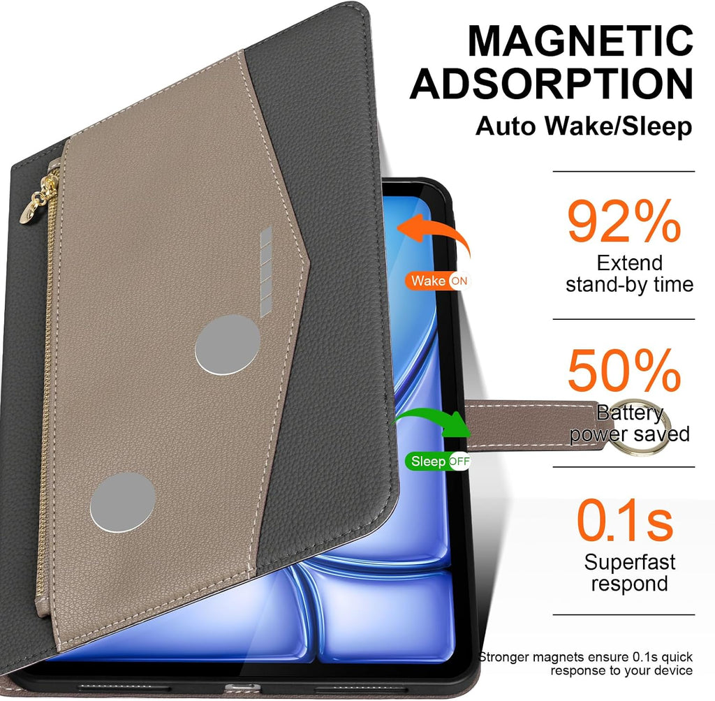 Funda de Cuero para iPad Air 11/10.9 (2020-2025 M3/M2/5ª/4ª Gen) con Bolsillo y Hebilla, Activación/Suspensión Automática, Soporte Ajustable Resistente a Golpes, Gris Oscuro con Gris