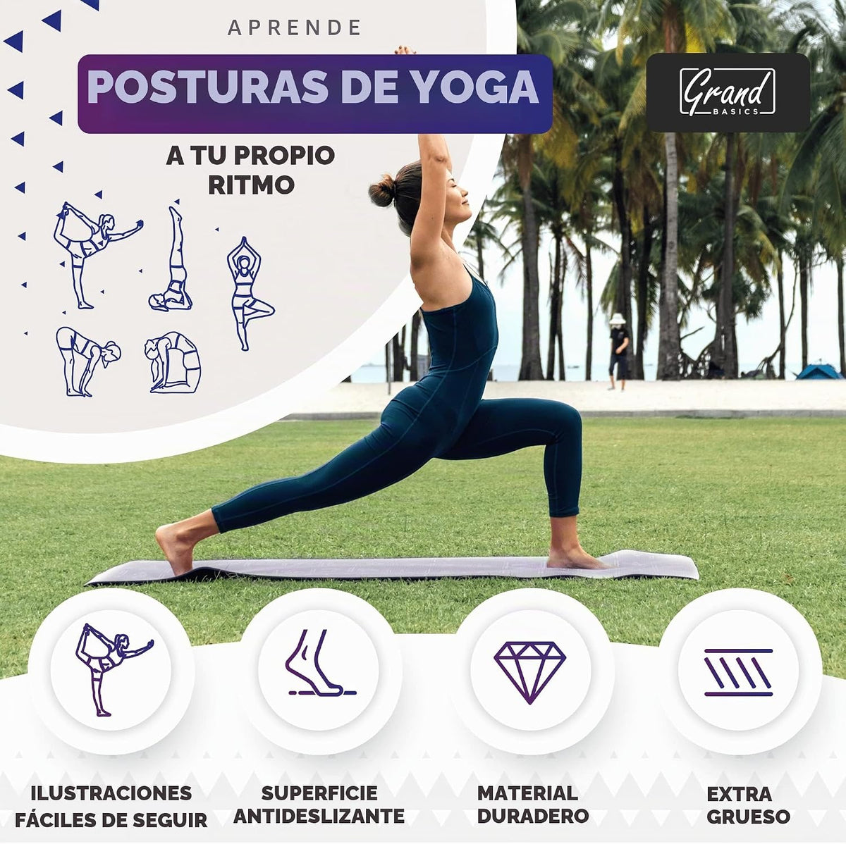 Esterilla de yoga con instrucciones de posturas impresas y correa de transporte, 75 posturas de yoga ilustradas y 75 estiramientos, bonita esterilla de yoga para mujeres y hombres, antideslizante, alfombrilla de yoga extra gruesa de 1/4 pulgadas para