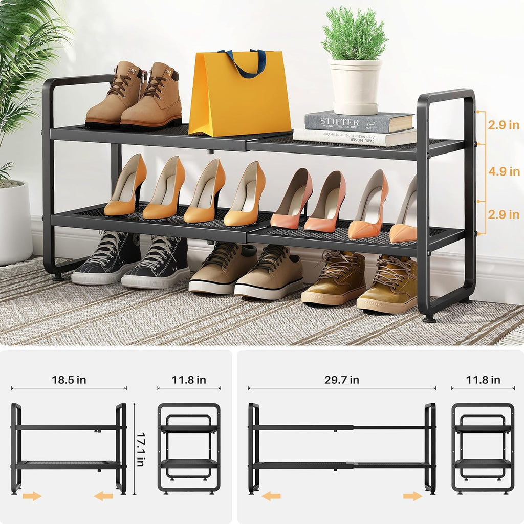 Estante metálico expandible para zapatero/closet, entrada y garaje, 2 niveles, negro
