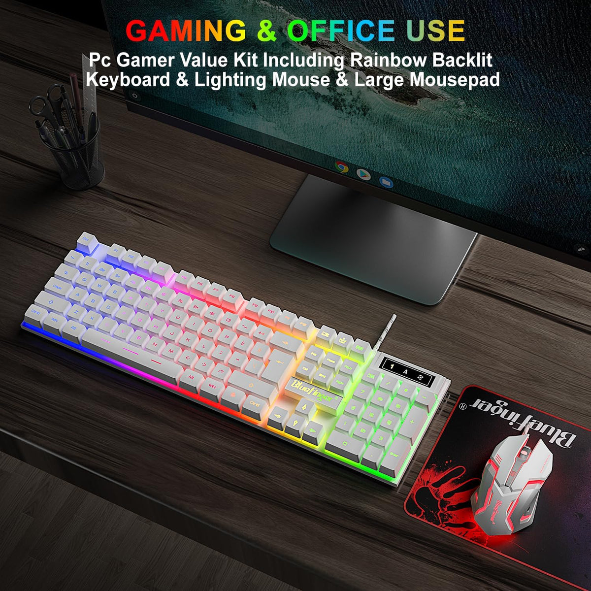 Conjunto de teclado y ratón RGB para juegos BlueFinger con retroilu...