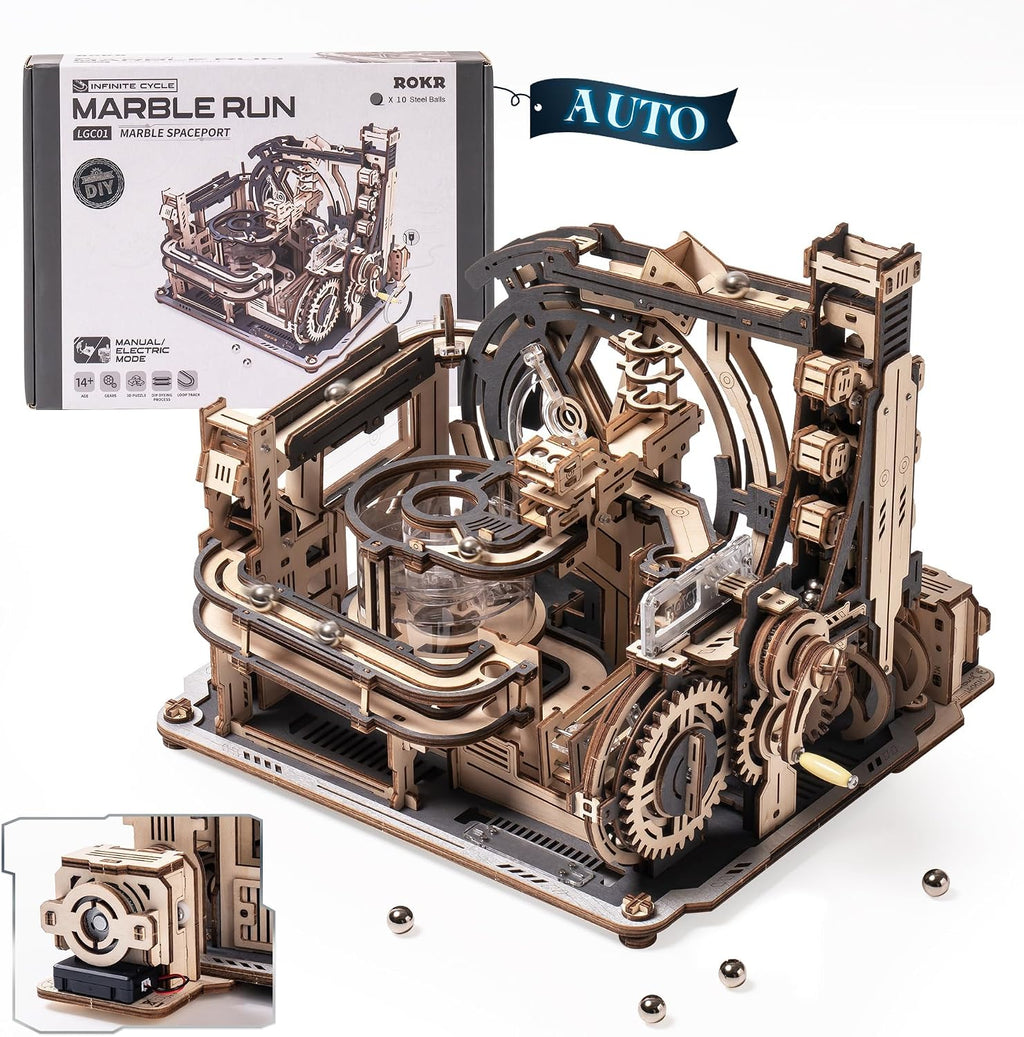 ROKR Rompecabezas 3D para adultos, kit de modelo eléctrico Marble Spaceport LGC01, 472 piezas de rompecabezas de madera con diseño de canicas, juguete de construcción, decoración de escritorio