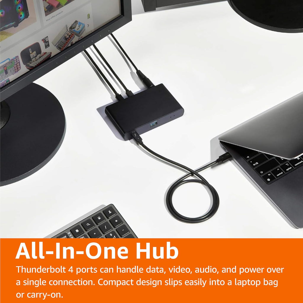 Amazon Basics Estación de acoplamiento Thunderbolt 4, soporte de pantalla dual 4K a 60Hz, entrega de energía de 85 W, 3 veces TBT4 descendente, 1 USB A 3.1, compatible con Mac/Windows, negro
