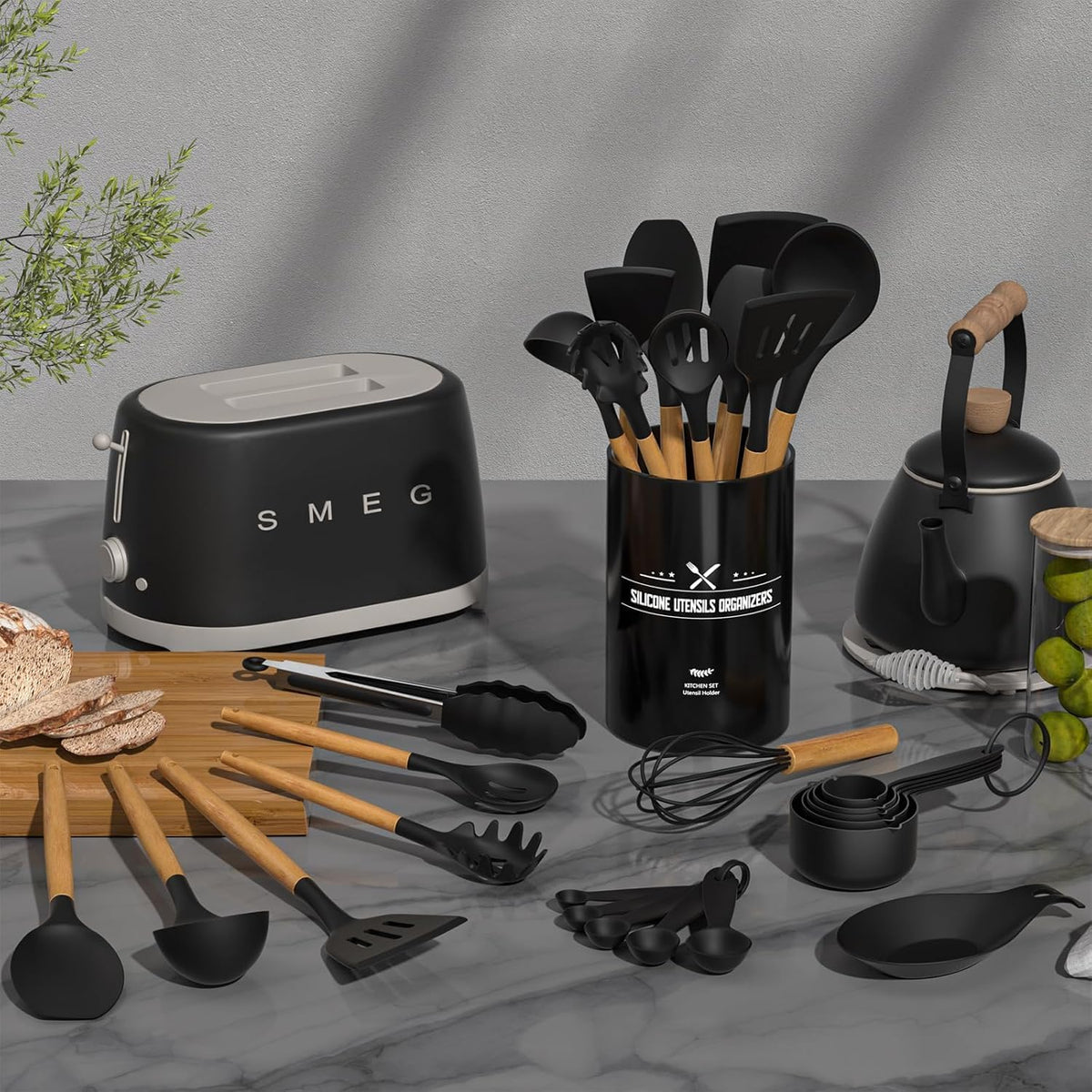 Umite Chef - Juego de utensilios de cocina de silicona con soporte, juego de espátulas de cocina resistentes al calor para utensilios de cocina antiadherentes, asas de madera negras, juego de