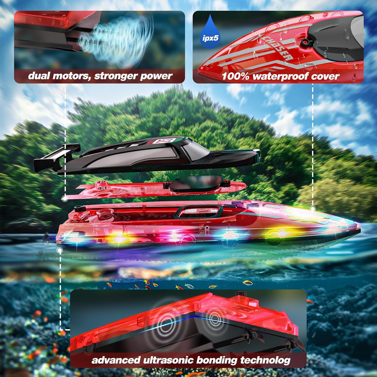 JOI MEW Barco RC para Niños con Luces LED, Barcos de Carreras de Co...