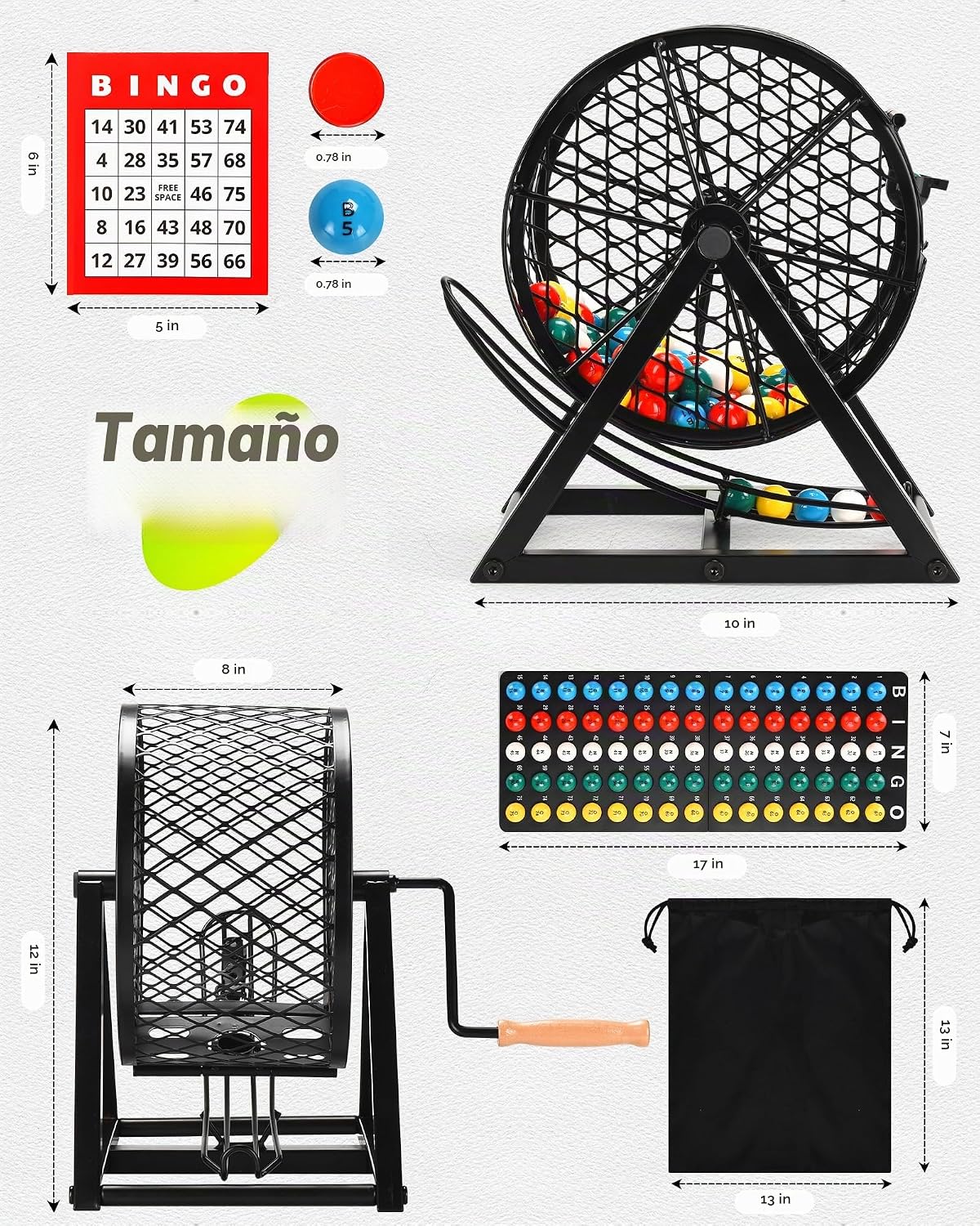 Juego de bingo de lujo grande de 12 pulgadas con jaula, tablero, bolas, 30