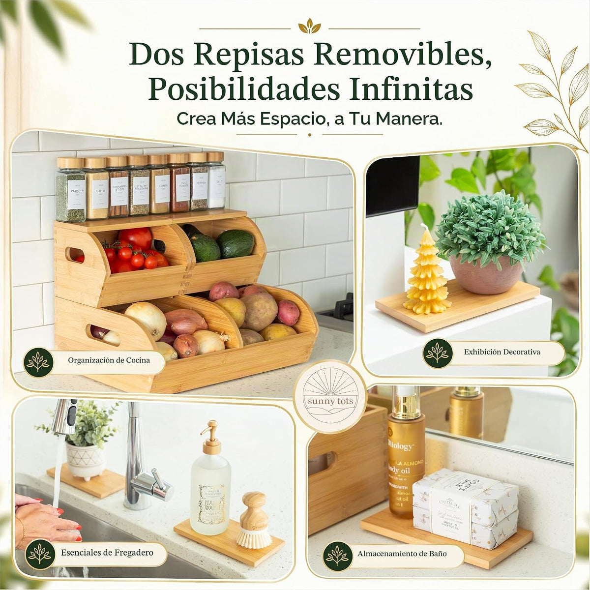 Papas de bambú y cebolla de almacenamiento de madera vegetal de ajo
