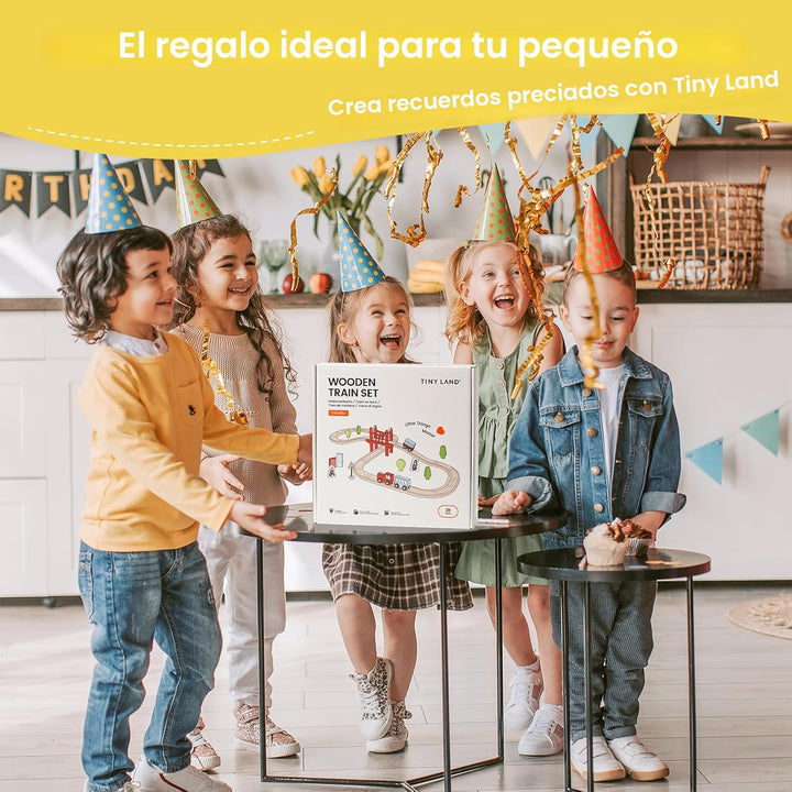 Tiny Land Juego de tren de madera para niños pequeños, 39 piezas, c...