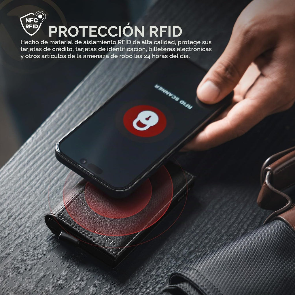 Cartera con tarjetero VULKIT con bloqueo RFID, diseño minimalista, con ventanas dobles para identificación, cartera desplegable para 12 tarjetas, Negro, Talla única, Minimalista