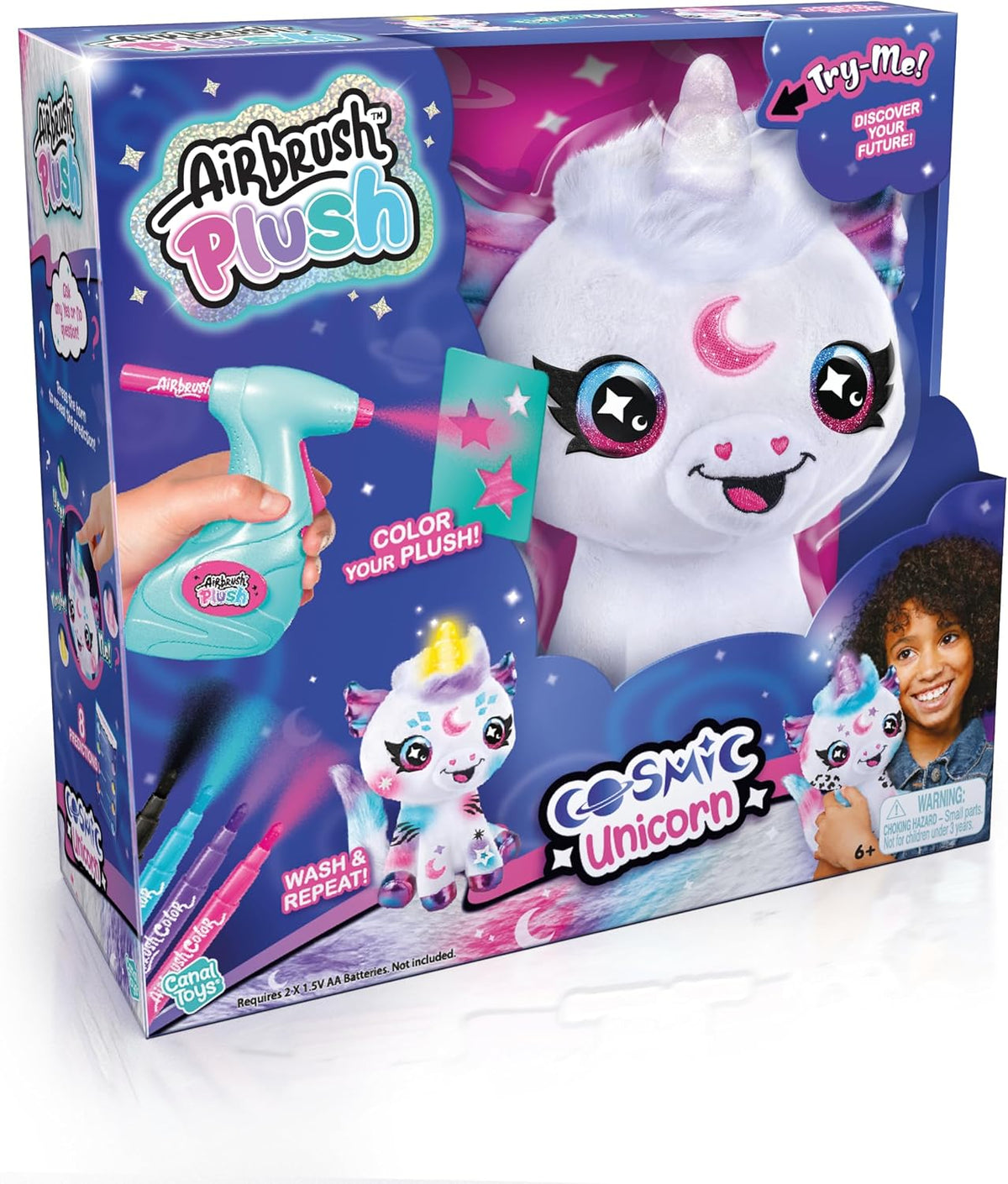Canal Toys Unicornio cósmico con luz de aerógrafo. Decora, lava, repite. Personaliza tu propia felpa de arte en aerosol. Ilumina el cuerno de adivinos. A partir de 6 años